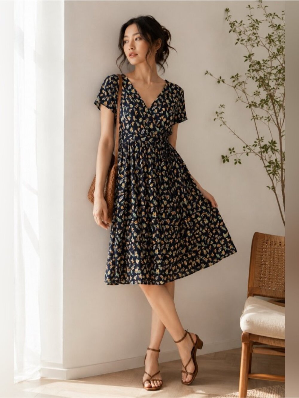 Fat Face Butterfly Print Jersey Wrap Dress Navy Cottagecore Midi UK 16 US 12